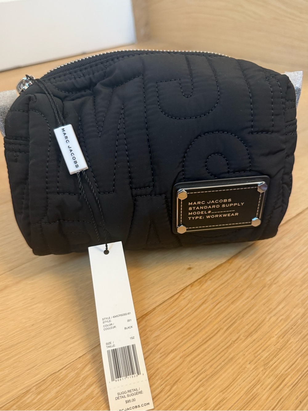 Authentic Marc Jacobs Black Quilted Logo Cosmetic Case Pouch with Plaque